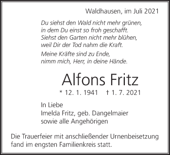 Traueranzeige von Alfons Fritz von Schwäbische Post