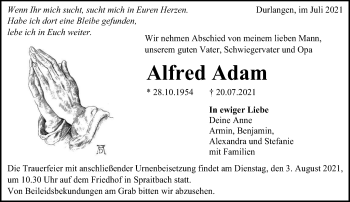 Traueranzeige von Alfred Adam von Gmünder Tagespost