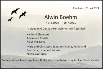 Traueranzeige von Alwin Boehm von Schwäbische Post