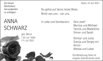 Traueranzeige von Anna Schwarz von Schwäbische Post