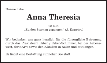Traueranzeige von Anna Theresia von Schwäbische Post