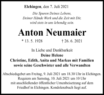 Traueranzeige von Anton Neumaier von Schwäbische Post