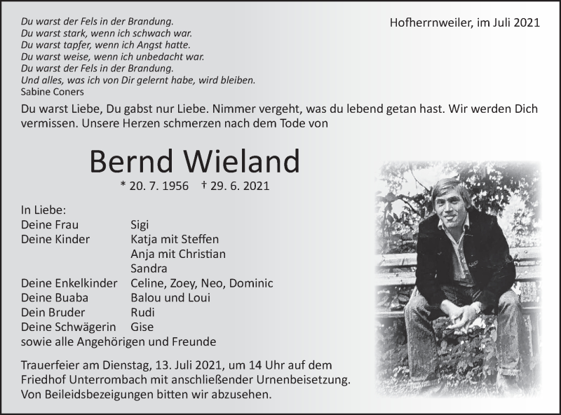  Traueranzeige für Bernd Wieland vom 10.07.2021 aus Schwäbische Post