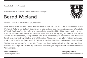 Traueranzeige von Bernd Wieland von Schwäbische Post
