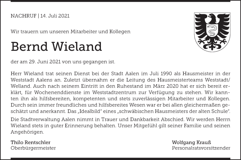  Traueranzeige für Bernd Wieland vom 14.07.2021 aus Schwäbische Post