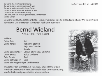 Traueranzeige von Bernd Wieland von Schwäbische Post
