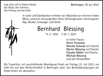 Traueranzeige von Bernhard Blessing von Gmünder Tagespost