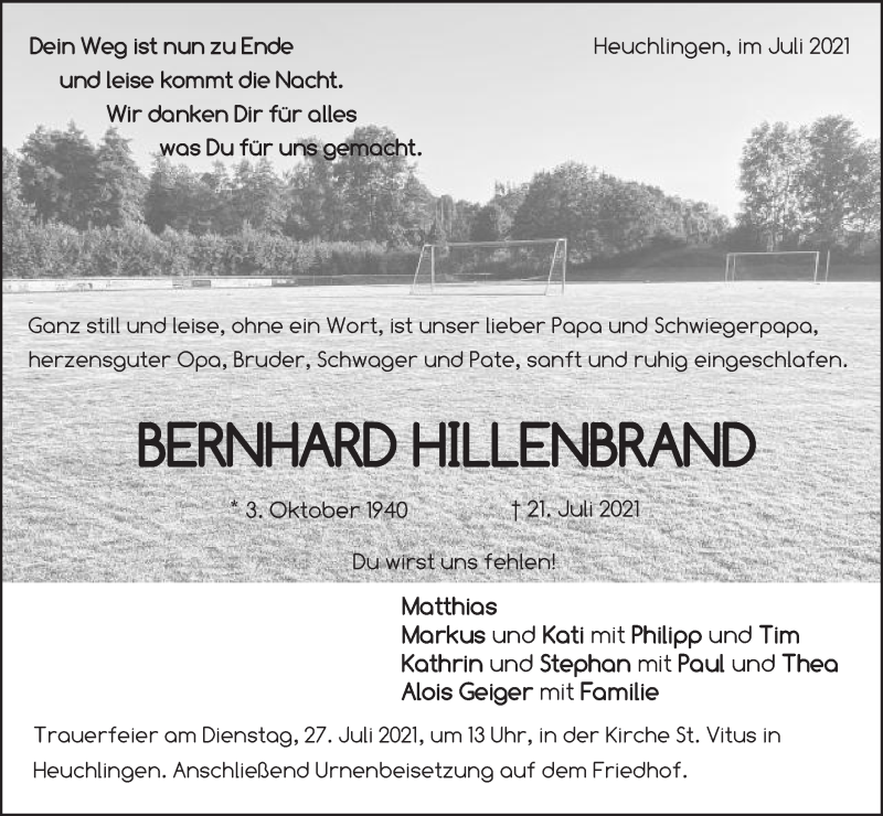  Traueranzeige für Bernhard Hillenbrand vom 24.07.2021 aus Gmünder Tagespost