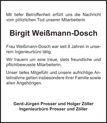 Traueranzeige von Birgit Weißmann-Dosch von Schwäbische Post