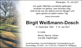 Traueranzeige von Birgit Weißmann-Dosch von Schwäbische Post