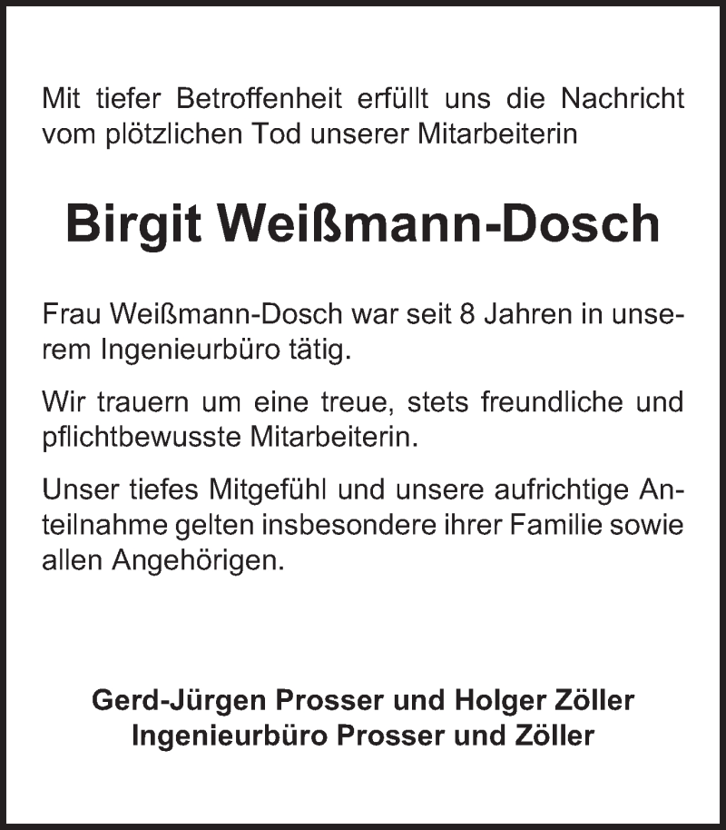  Traueranzeige für Birgit Weißmann-Dosch vom 29.07.2021 aus Schwäbische Post