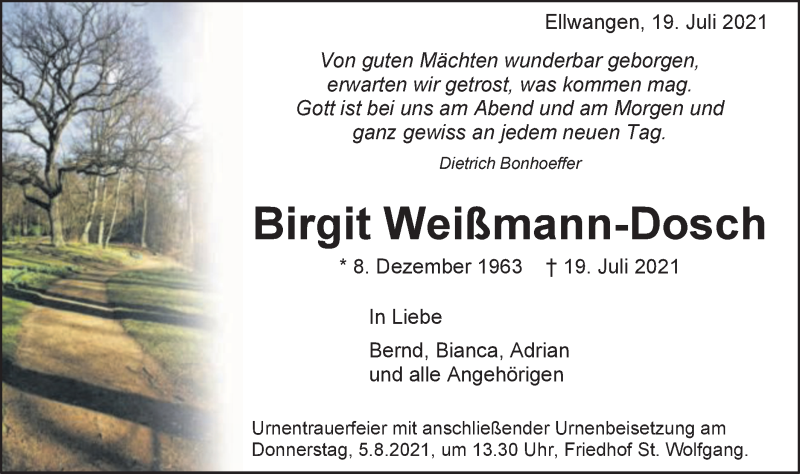  Traueranzeige für Birgit Weißmann-Dosch vom 27.07.2021 aus Schwäbische Post