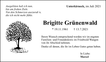 Traueranzeige von Brigitte Grünenwald von Gmünder Tagespost