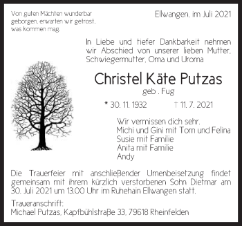 Traueranzeige von Christel Käte Putzas von Schwäbische Post