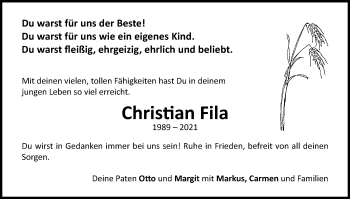 Traueranzeige von Christian Fila von Gmünder Tagespost