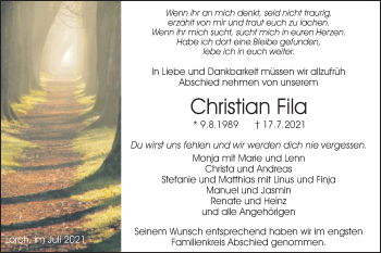 Traueranzeige von Christian Fila von Gmünder Tagespost