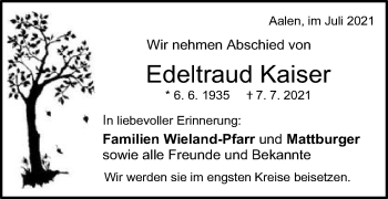 Traueranzeige von Edeltraud Kaiser von Schwäbische Post
