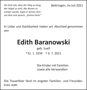 Traueranzeige von Edith Baranowski von Gmünder Tagespost