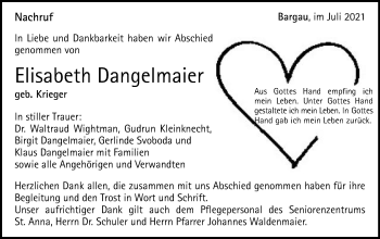 Traueranzeige von Elisabeth Dangelmaier  von Gmünder Tagespost