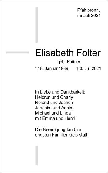 Traueranzeige von Elisabeth Folter von Gmünder Tagespost