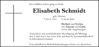Traueranzeige von Elisabeth Schmidt von Gmünder Tagespost