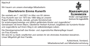 Traueranzeige von Emma Kunerth von Schwäbische Post