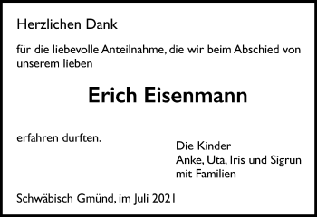 Traueranzeige von Erich Eisenmann von Gmünder Tagespost