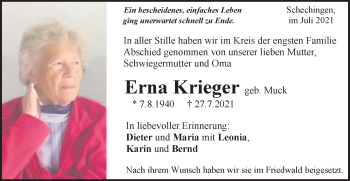 Traueranzeige von Erna Krieger von Gmünder Tagespost