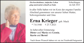 Traueranzeige von Erna Krieger