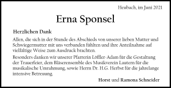 Traueranzeige von Erna Sponsel von Gmünder Tagespost