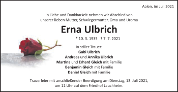 Traueranzeige von Erna Ulbrich von Schwäbische Post