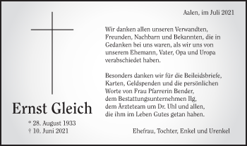 Traueranzeige von Ernst Gleich von Schwäbische Post
