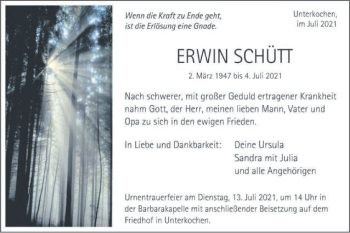 Traueranzeige von Erwin Schütt von Schwäbische Post