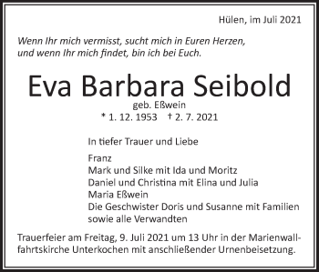 Traueranzeige von Eva Barbara Seibold von Schwäbische Post