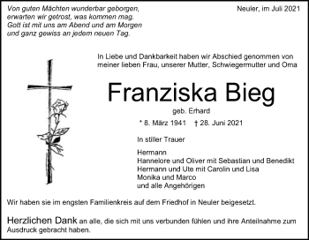 Traueranzeige von Fransiska Bieg  von Schwäbische Post