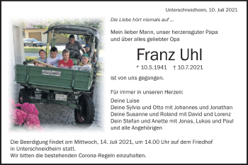 Traueranzeige von Franz Uhl von Schwäbische Post