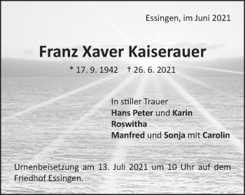 Traueranzeige von Franz Xaver Kaiserauer von Schwäbische Post