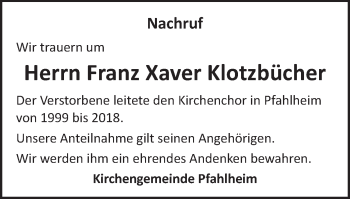 Traueranzeige von Franz Xaver Klotzbücher von Schwäbische Post
