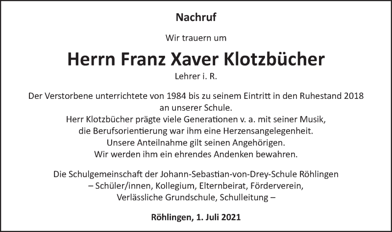  Traueranzeige für Franz Xaver Klotzbücher vom 03.07.2021 aus Schwäbische Post
