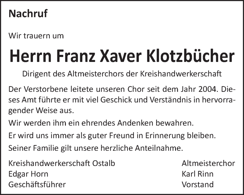  Traueranzeige für Franz Xaver Klotzbücher vom 08.07.2021 aus Schwäbische Post