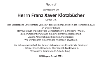 Traueranzeige von Franz Xaver Klotzbücher von Schwäbische Post