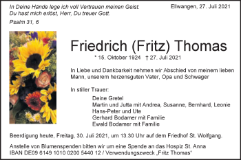 Traueranzeige von Friedrich Thomas von Schwäbische Post