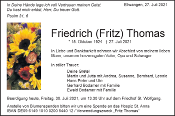 Traueranzeige von Friedrich Thomas