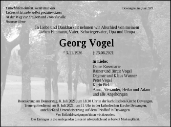 Traueranzeige von Georg Vogel von Schwäbische Post