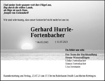 Traueranzeige von Gerhard Hurrle-Fortenbacher von Schwäbische Post