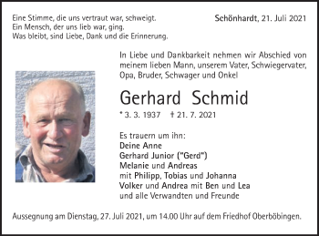 Traueranzeige von Gerhard Schmid von Gmünder Tagespost