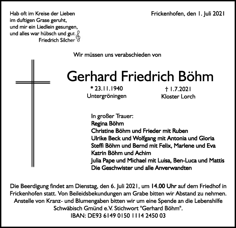  Traueranzeige für Gerhard Friedrich Böhm vom 03.07.2021 aus Gmünder Tagespost