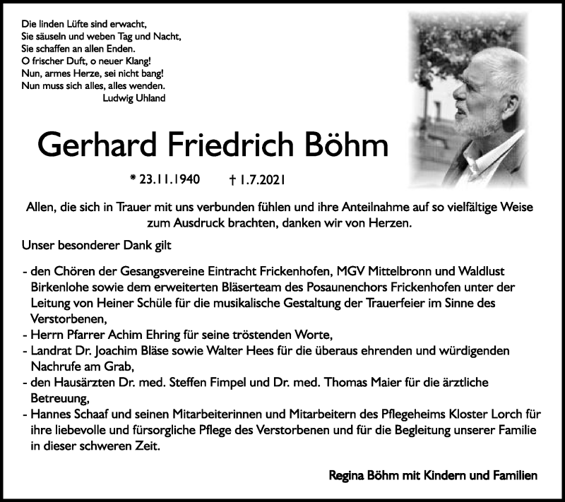  Traueranzeige für Gerhard Friedrich Böhm vom 24.07.2021 aus Gmünder Tagespost