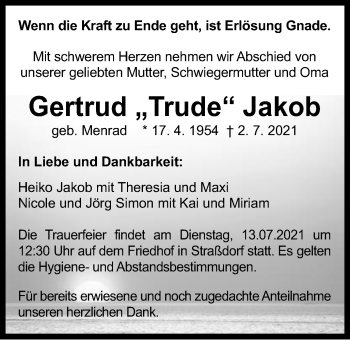 Traueranzeige von Gertrud Jakob von Gmünder Tagespost