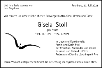 Traueranzeige von Gisela Stoll von Gmünder Tagespost